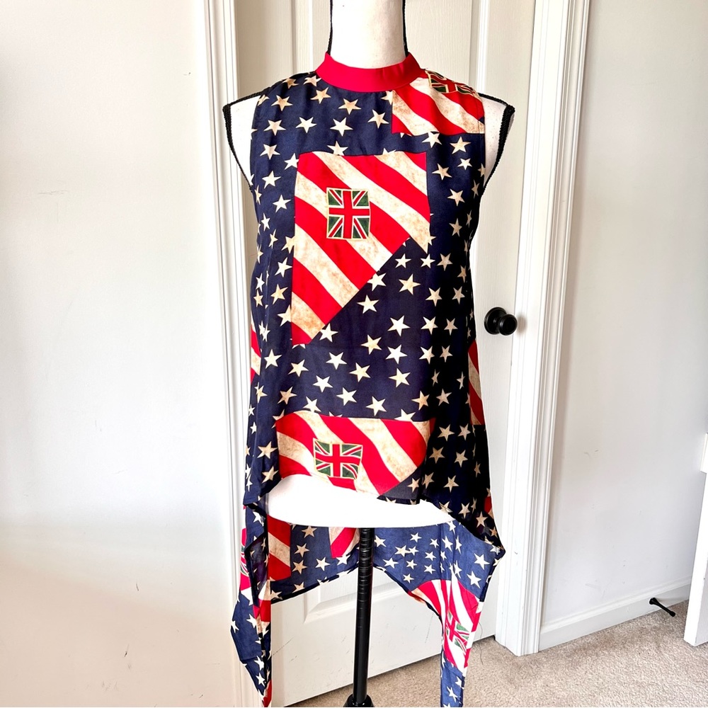 LOVE J Lightweight Sleeveless High Neck Patriotic High Low Blouse—SZ. Small